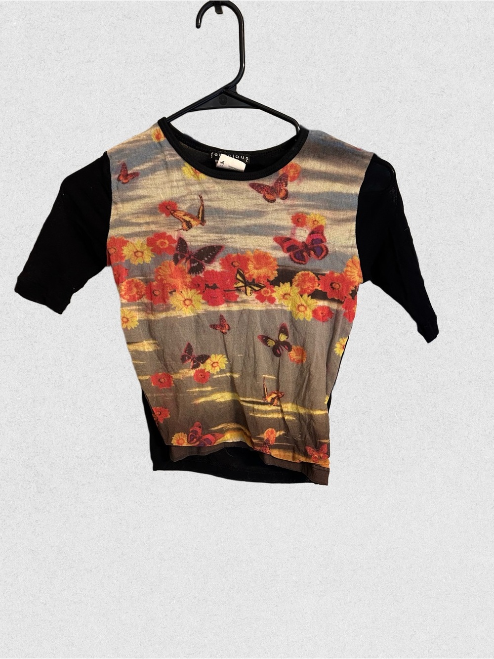 Sheer Black Short Sleeve Tee with Floral & Butterfly Print